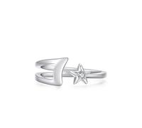 Anillos bohemios para mujer, juego de anillos de boda para mujer, diseño abierto de estrella y luna con diamante solitario redondo de laboratorio, T 1/2, Oro blanco de 18 quilates, Diamante de