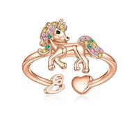 Anillos con inicial de unicornio para adolescentes, chapados en oro rosa/blanco, anillos con inicial de corazón para niñas, anillos apilables ajustables para mujeres, anillo de corazón para