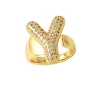 Anillos con inicial para mujer, anillo de globo con letra de burbuja, ajustable, anillos abiertos de oro grueso de 14 quilates, joyería para mujer, Cobre, Zircón