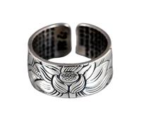 Anillos de ajuste de plata abiertos de plata esterlina de mujer, corazón retro tibetano sutra lotus flor joyería de banda ancha para la eternidad