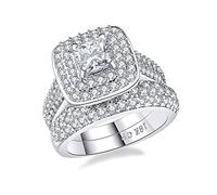 Anillos de boda para mujer, anillo de compromiso de princesa, juego de novia, oro blanco de 18 quilates, circonita cúbica cuadrada de 1,8 quilates, talla 5-10, Metal, Zirconia cúbica