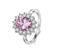 Anillos de compromiso con halo para mujer, anillo de boda único de oro blanco de 9 K/14 quilates, morganita creada de 7 x 9 mm, forma ovalada, flor de lujo, ajuste cómodo, H 1/2, Morganita sintética