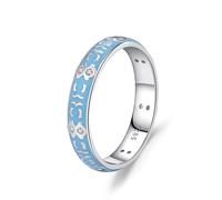 Anillos de compromiso de plata, anillo de circonita cúbica, plata de ley 925, cinta de goteo azul con patrón geométrico, forma redonda, ajuste cómodo, J 1/2, Zirconia cúbica