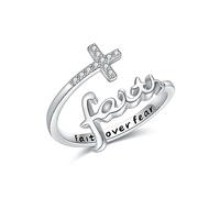 Anillos de cruz de fe, ajustables, de plata de ley, anillos de cruz de fe sobre el miedo, joyería religiosa cristiana, regalos para mujeres y hombres, Zirconia cúbica