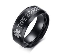 Anillos de identificación de alerta médica de acero inoxidable negro de 8 mm para mujeres y hombres tipo 1/diabetes tipo 2, moda