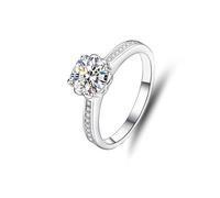 Anillos de mejor amiga, anillos en V para mujer, flor clásica con moissanita redonda de 1 quilate, oro blanco/platino 950, O 1/2, Oro blanco de 14 quilates, Moissanita