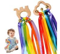 Anillos de Mordedor de Madera 2 Pcs Juguete de Dentición de Madera Juguete Sensorial con Cinta Suave Sonajero De Cinta De Arcoíris Para El Juego Sensorial Y El Gateo