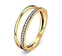 Anillos de mujer en plata de ley doble aro fino, con circonitas a un lado. Anillo plata mujer con acabado plateado o dorado. Joyería ideal para parejas, regalo para madres. (Baño en oro, 5)