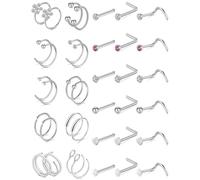 Anillos de nariz de acero inoxidable 316L de 20 g, en forma de L, tornillo de nariz, paquete de 40 unidades, Acero inoxidable, Circonia cúbica