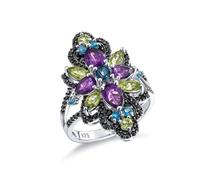 Anillos de plata auténtica para mujer, juego de anillos bohemios con flor con amatista y peridoto, regalos de cumpleaños para mujer, H 1/2, Plata de ley 925, Amatista