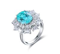 Anillos de plata de ley bohemia, alianza de boda para mujer, flor de plata con turmalina paraiba creada de 6,35 quilates, H 1/2, Plata de ley, Turmalina paraiba creada