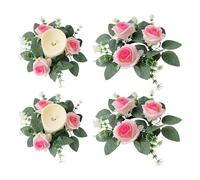 Anillos de Vela con Rosas Artificiales, Paquete de 4 Mini Coronas de Flores primaverales de 25 cm con Hojas Verdes, portavelas rústico con Rosas para Velas de Pilar, Centro de Mesa para Bodas, Corona
