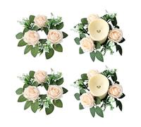 Anillos de Vela con Rosas Artificiales, Paquete de 4 Mini Coronas de Flores primaverales de 25 cm con Hojas Verdes, portavelas rústico con Rosas para Velas de Pilar, Centro de Mesa para Bodas, Corona