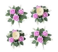 Anillos de Vela con Rosas Artificiales, Paquete de 4 Mini Coronas de Flores primaverales de 25 cm con Hojas Verdes, portavelas rústico con Rosas para Velas de Pilar, Centro de Mesa para Bodas, Corona