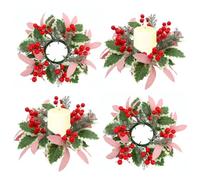 Anillos de Vela para Corona navideña, 4 Piezas de 30 cm, Coronas de Velas de Frutos Rojos con Hojas Verdes Rosadas y Ramas Artificiales, Vela de Anillo de Navidad para Centro de Mesa, Corona navideña