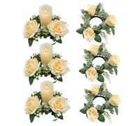 Anillos Florales para Velas Coronas de Velas 6 pcs 7, 9 Pulgadas Rosas Artificiales Anillos Florales para para pilares pequeñas Coronas de Flores portavelas centros de Mesa de Boda Color champán.