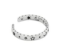 Anillos Hecho a Mano, Anillo de plata de ley S925 con diseño de estrellas y luna negra, ajustable, abierto, joyería para mujer