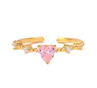 Anillos punk para mujer, anillos vintage unisex de oro amarillo de 9 K/14 quilates, anillo abierto de corazón vintage ajustable con corazón rosa zafiro rosa, M 1/2, Oro amarillo de 14 quilates, Zafiro