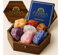Anima Cofre Premium de Cristales 7 Chakras - Piedras Naturales en Bruto: Amatista, Cuarzo Rosa, Citrino, Lapislázuli, Cuarzo Blanco, Ojo de Tigre, Jaspe Rojo - Caja de Madera y Guía Incluida