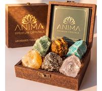 Anima® Cristales de Abundancia para Prosperidad, Éxito y Oportunidad | Elegante caja de madera con seis cristales de abundancia, como citrino, pirita y cristal de roca, más una guía detallada