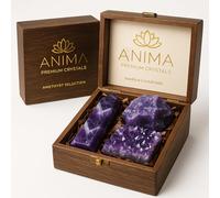 Anima Premium Amethyst Crystal Set for Peace, Deep Sleep & Intuition - Authentic Deep Purple Amethyst Geode, Tower and Raw Crystal from Brazil Presented in Wooden Gift Box - Responsibly Sourced