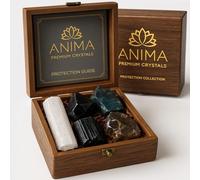 Anima Premium Protection Healing Crystals Set for Energy Shielding - Large Raw Obsidian, Black Tourmaline, Labradorite, Smoky Quartz & Selenite Bar - Wooden Gift Box and Guide Booklet Included