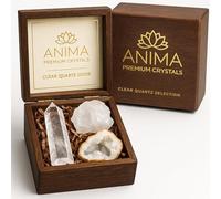Anima Premium Set de Cuarzo Transparente para Claridad, Enfoque y Amplificación de Energía - Torre, Drusa y Cuarzo en Bruto Auténticos - Presentado en Caja de Madera - Origen Responsible