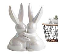 Animal Book Ends - Ceramic Bunny Ornaments, Long Ear Figurine, Detailed Rabbit Sculpture, Antique Aesthetic Support, Entrance Space Accessory, Cream Polished Stoneware Desktop Mantle Library