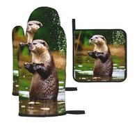Animal Cute Brown Otters - Juego de guantes de horno y soporte para ollas, guantes resistentes al calor, utilizados para cocina, hornear y asar a la parrilla