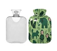 Animal Elephants Monkey Fox - Botella de agua para agua caliente con cubierta suave de 2 litros, bolsa calentadora para manos y pies, calentador de cuello y hombros, alivio del dolor de cuello y