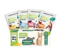 Animal Island Comida Húmeda para Gatos Adultos Pack Mix Sabores Filetes en Caldo Pavo Pescado Blanco Pollo Vacuno Sin Cereales Sin Azúcar Alimento Completo Multipack, 40 x 85g