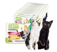 Animal Island Everyday Comida Húmeda para Gato Adulto Filetes Desmenuzados en Caldo 2X Pollo 2X Ternera Completo Sin Cereales Todas Las Razas, 4 x 85g