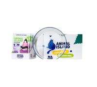 Animal Island Pack con Platito de Cristal Alimento Húmedo Completo para Gatos Filetes de Pollo con Cordero en Caldo Arándano Inulina Sobres, 12 x 85g Color del Platito Aleatorio