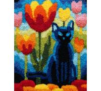 Animal Kit De Alfombra Con Gancho De Pestillo Gato Negro Y Flores Kit De Costura De Crochet，Kits Clásico De Alfombras Con Aguja De Pestillo Para Adultos，Set De Manualidades 3D Para Deco 21x29in