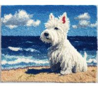 Animal Kit De Alfombra Con Gancho De Pestillo Perro Blanco Junto Al Mar Kit De Costura De Crochet，Kits Clásico De Alfombras Con Aguja De Pestillo Para Adultos，Set De Manualidades 3D Par 23x16in