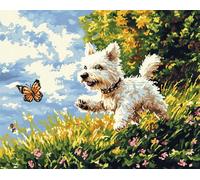 Animal Perro DIY Latch Hook Rug Kit,West Highland White Terrier persiguiendo mariposas,Pattern Printed Canvas DIY Embroidery Home Decor,Handmade Needlework Crafts for Adults Beginners,55x75cm