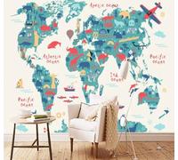 Animales De Dibujos Animados Mapa Del Mundo Colorido Avión 3D Papel Pintado Pared Fácil Instalación Oficina Sala Estar Sofá Dormitorio TV Fondos Decoración-430cm×300cm