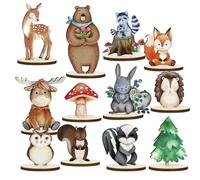 Animales del Bosque Adornos Madera,Bosque Decoración de Madera,12 Piezas Centros de Mesa de Animales del Bosques con Base de Maderas,Animale del Bosques Decoración Adorno de Mesa,Decoración Cumpleaños