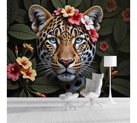 Animales La Selva Tropical Guepardo Exótico Flores 3D Papel Pintado Tapiz Textura De Seda Comedor Verde Bosque Gran Papel Pintado Decoración Dormitorio Sala Estar Tv Fondo Pantalla, 450X315Cm