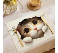 Animales Lindos Manteles Individuales de Lino y algodón Juego de 4 - Mantel Individual Gato De Agujero De Papel Lavables Resistente al Calor para Mesa de Comedor de Cocina Hoteles Blanco 45×30cm