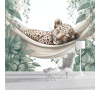 Animales lindos Papel pintado panorámico decorativo, Hamaca, Leopardo, Hojas de Monstera 3D mural impreso para dormitorio sala estar sala Oficina, Verde - 450x315cm