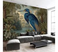 Animales retro Papel pintado panorámico decorativo, Garzas, plantas y lagos 3D mural impreso para dormitorio sala estar sala Oficina, Azul verdoso - 200x140cm