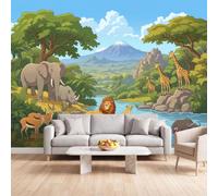 Animales Sabana Africana Papel pintado fotográfico mural Varias medidas | Elefante Vaca León Flamenco Rosa Papel Pintado Panorámico para Salón Dormitorio Infantil, 300 x 210 cm Decoración Interior