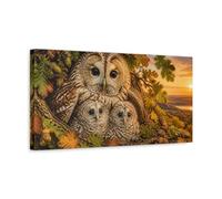 Animals Owl Family At Sunset Canvas Print - Living Room, Above Console Table, Golden Brown 20×10 inch (50×25 cm) - Horizontal / 1.25 inch (3 cm)
