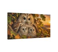 Animals Owl Family At Sunset Canvas Print - Living Room, Above Console Table, Golden Brown 30×15 inch (75×37 cm) - Horizontal / 1.25 inch (3 cm)