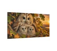 Animals Owl Family At Sunset Canvas Print - Living Room, Above Console Table, Golden Brown 48×24 inch (120×60 cm) - Horizontal / 1.25 inch (3 cm)