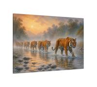 Animals Tiger Crossing The River Canvas Print - Living Room, Above Couch 48×32 inch (120×80 cm) - Horizontal / 1.25 inch (3 cm)