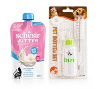 ANIMALUJOS - Kit Lactancia Gatitos con 6xLeche de Cabra Schesir 150ml Incluye Biberón Tetina Cepillo, Alimento Completo Sin Cereales con DHA Taurina para Cachorros Recién Nacidos