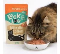 ANIMALUJOS- Lucky Lou Gatos Adultos Ave de Corral y Conejo 125 g - Alimento húmedo Completo para Gato Adulto, Alto en Carne, sin Cereales, con Manzana - 6 Unidades.