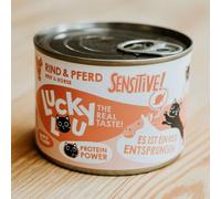 ANIMALUJOS - Lucky Lou Sensitive Carne de Vacuno y Caballo 200 g- Gatos-Gatitos -Seniors - Alimento húmedo Completo para Gato Adulto Sensible, sin Cereales, digestión Suave - 6 Unidades.